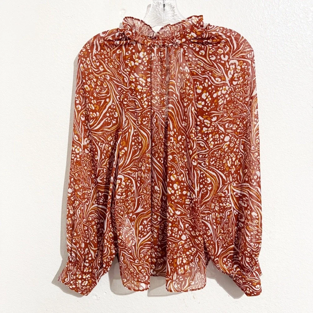 Anthropologie Sheer‎ Printed Peasant Blouse in Orange & White Abstract Print